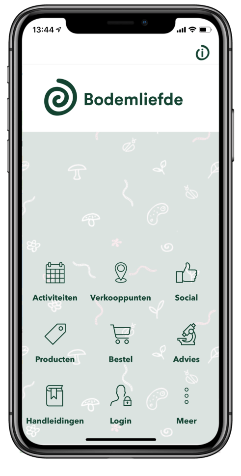 Bodemliefde app — homescreen met modules
