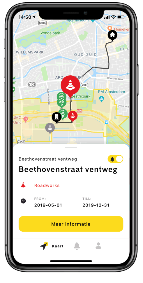 Cycling Works Zuidas app — werkzaamheden op de kaart