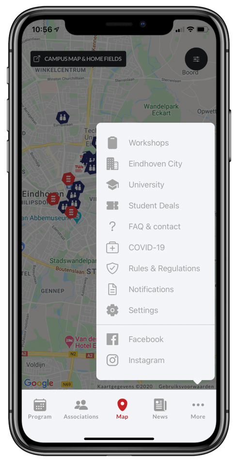 TU Eindhoven introductieweek-app — campuskaart met workshops en studentendeals