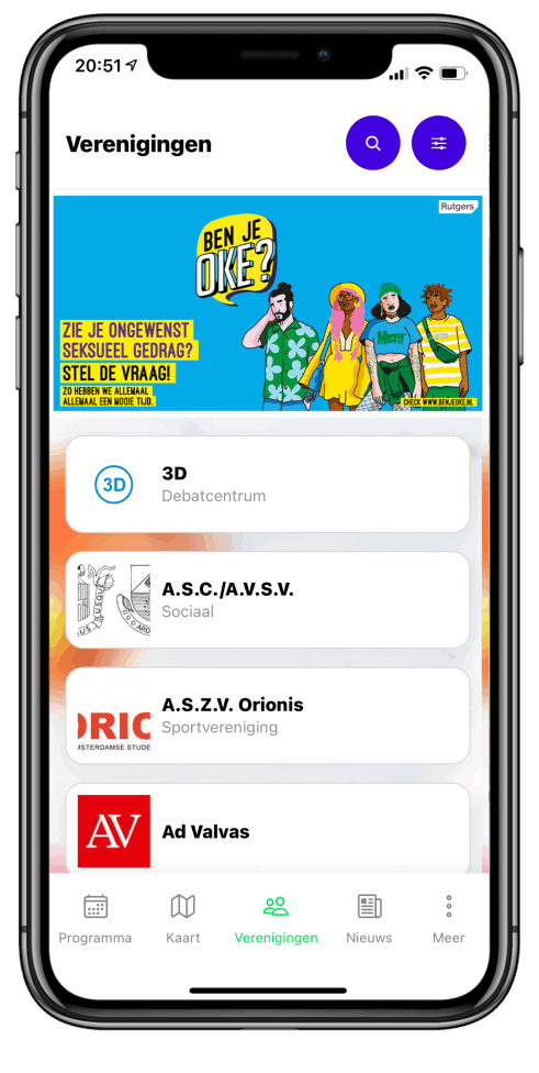 VU Amsterdam Introduction Days app — verenigingenoverzicht