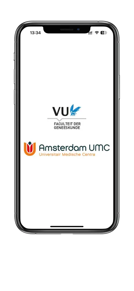 UMC Amsterdam app — startscherm met VU Geneeskunde en Amsterdam UMC logo's