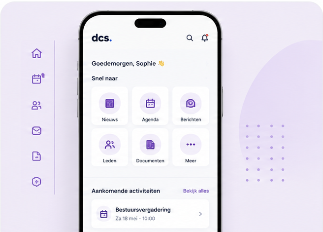 App-screen: dashboard met snelle navigatie naar modules